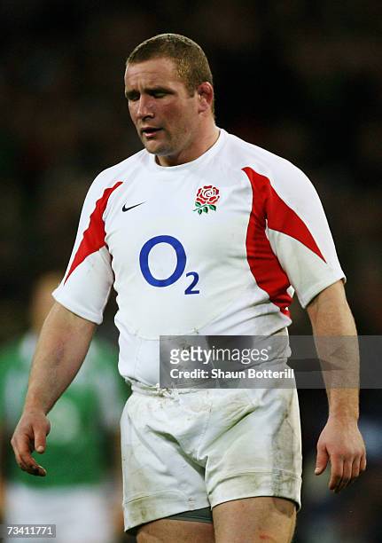 Dejected England captain, Phil Vickery reacts as his team head for defeat during the RBS Six Nations Championship match between Ireland and England...
