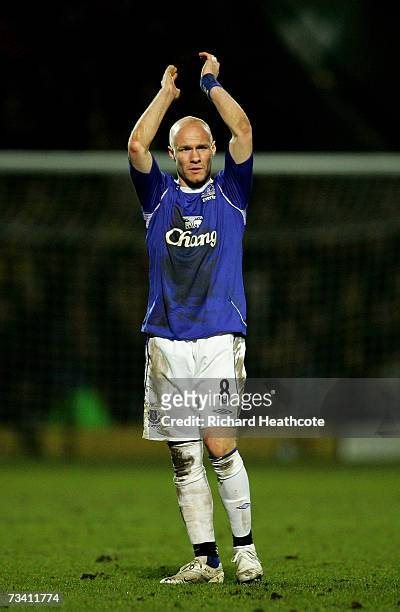 Andy Johnson of Everton appauds the fans as he is substituted during the Barclays Premiership match between Watford and Everton at Vicarage Road on...