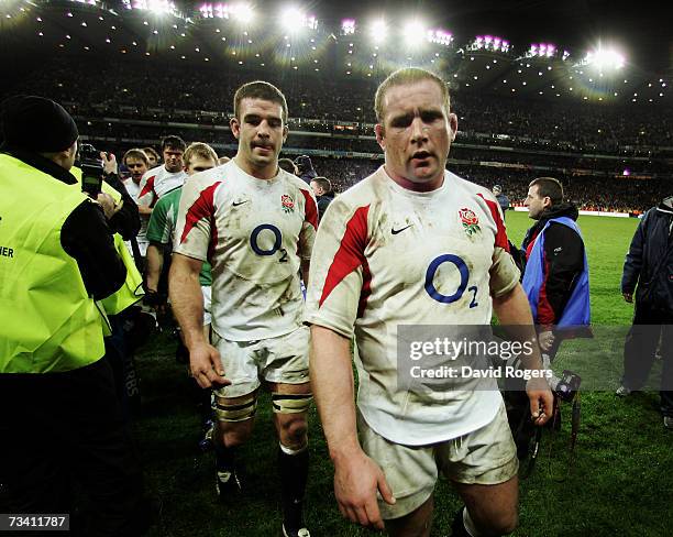 Dejected England captain, Phil Vickery leads his team off the pitch following their defeat during the RBS Six Nations Championship match between...