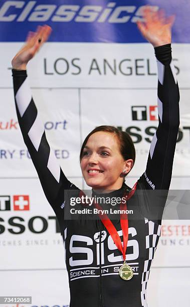 Victoria Pendleton of Great Britain and Sport in Science celebrates winning the 500m Time Trial during the UCI Track Cycling World Cup Classic at the...