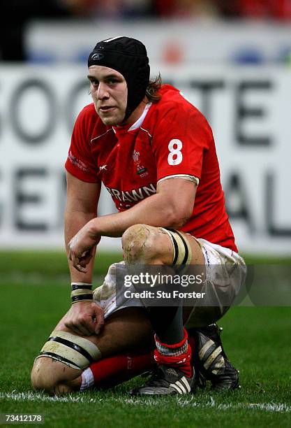 Wales forward Ryan Jones looks dejected during the RBS Six Nations Rugby match between France and Wales at Stade De France on February 24, 2007 in...