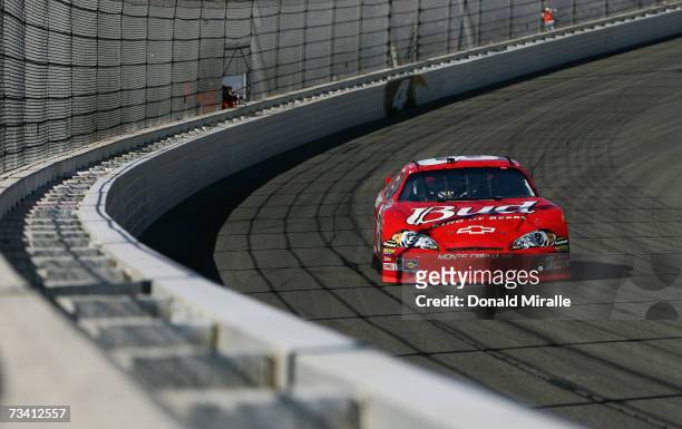 Dale Earnhardt Jr., driver of the Budweiser Chevrolet, drives during practice for the NASCAR Nextel Cup Series Auto Club 500 at California Speedway...