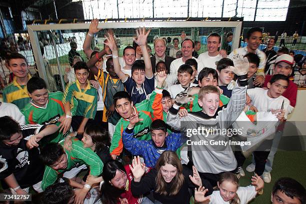 Matthias Sammer , Christian Nerlinger and Children during the 'Play Soccer, Get Together' charity tournament sponsored by Bitburger on February 24,...