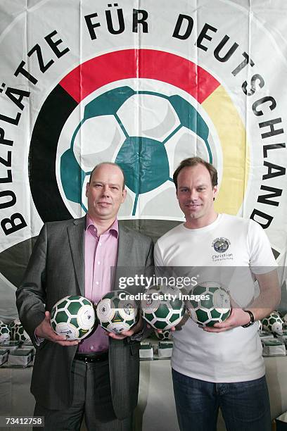 Juergen Donauer and Christian Nerlinger during the 'Play Soccer, Get Together' charity tournament sponsored by Bitburger on February 24, 2007 in...