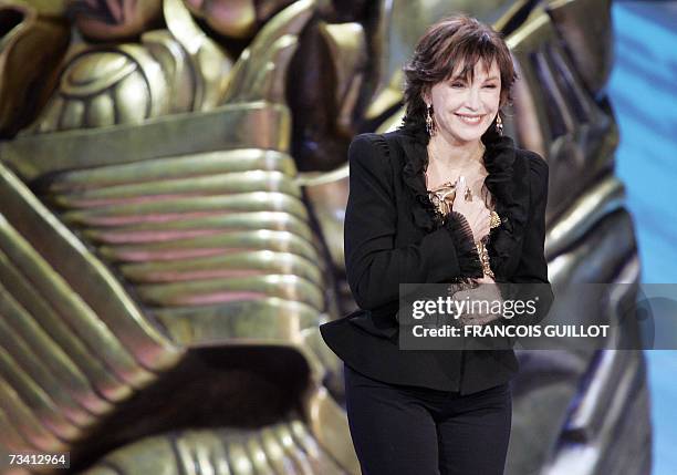 French actress Marlene Jobert delivers a speech after receiving a cesar of honnor during the 32nd Nuit des Cesar ceremony, France's top movie awards,...