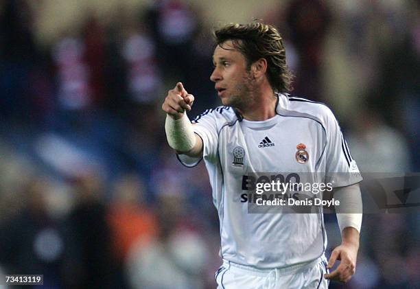 Antonio Cassano of Real Madrid communicates with a teammate during the Primera Liga match between Atletico Madrid and Real Madrid at the Vicente...