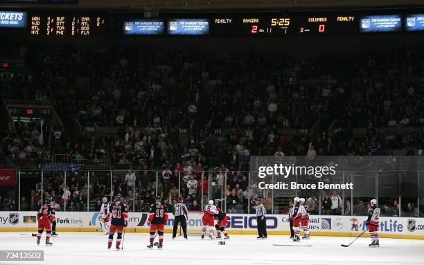 Jody Shelley of the Columbus Blue Jackets and Colton Orr of the New York Rangers engage in a fight on February 24, 2007 at Madison Square Garden in...