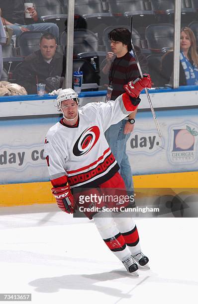 Justin Williams of the Carolina Hurricanes returns to the ice after being named 1st star of the game against the Atlanta Thrashers at Philips Arena...