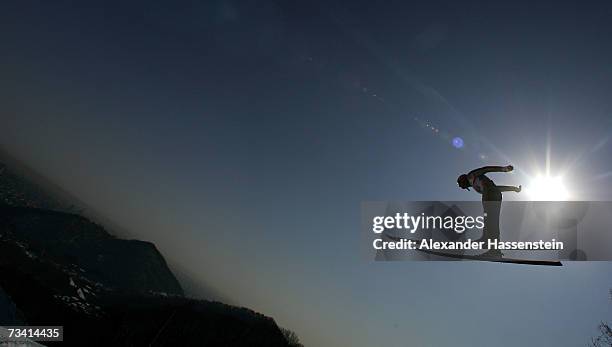 An Athlet soars trough the air in the Jumping of the Nordic Combined Team Event during the FIS Nordic World Ski Championships 2007 on February 25,...