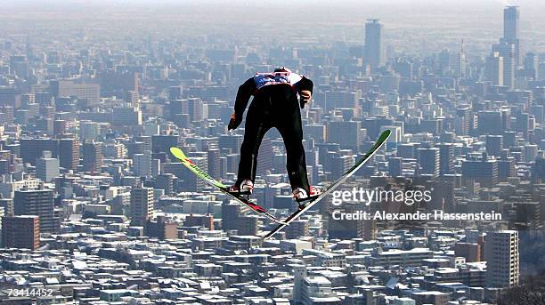 Ronny Ackermann of Germany soars trough the air in the Jumping of the Nordic Combined Team Event during the FIS Nordic World Ski Championships 2007...