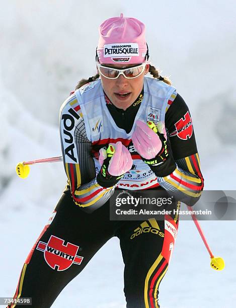 Evi Sachenbacher Stehle of Germany competes at the Women Cross Country Pursuit 15 km Classic and Free Event during the FIS Nordic World Ski...