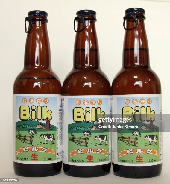 In this photo illustration bottles of Bilk, a beer made from milk, are pictured on February 25, 2007 in Tokyo, Japan. A liquor shop named Nakahara,...