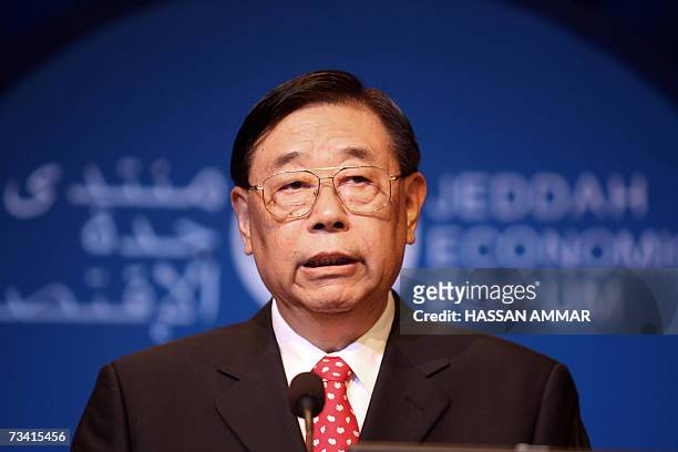 Chinese Liu Jianfeng Member of the Chinese People's Political Consultative Conference speaks during the Jeddah Economic Forum in the Red Sea city of...