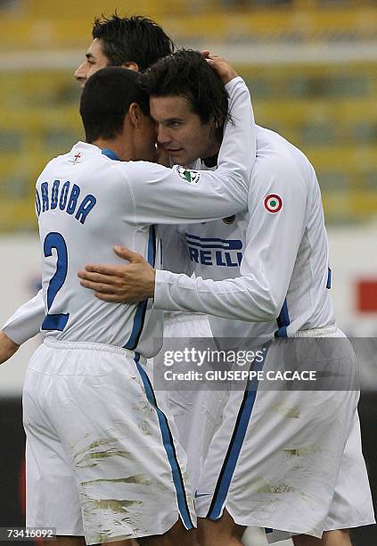 Inter's defender Santiago Solari of Argentina celebrates with his temmate Ivan Cordoba of Colombia after scoring against Catania during their Serie A...