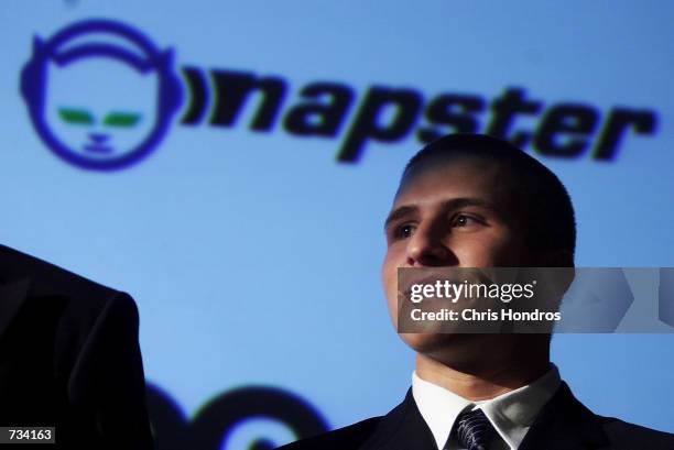 Napster founder Shawn Fanning appears at a press conference October 31, 2000 in New York. Bertelsmann eCommerce Group announced it is teaming with...