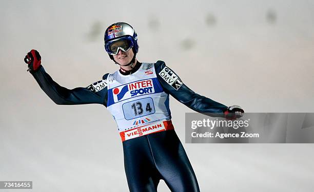 Thomas Morgenstern of Austria celebrates during the FIS Nordic World Ski Championships Ski Jumping Team HS 134 event on February 25, 2007 in Sapporo,...