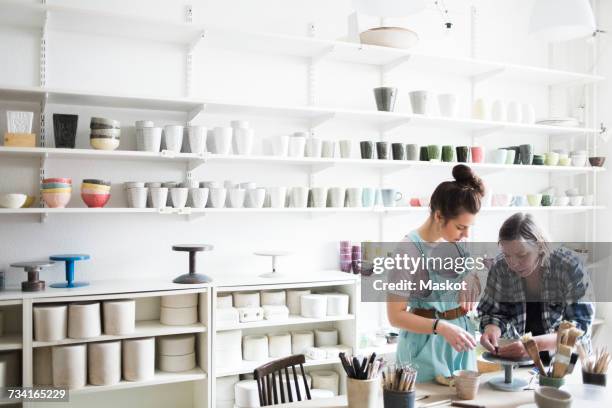 mature female potter teaching molding clay to young artist at workshop - aardewerk stockfoto's en -beelden