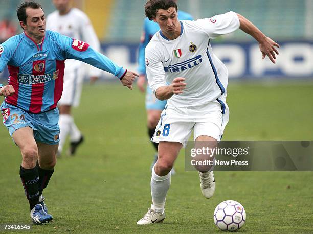 Zlatan Ibrahimovic of Inter Milan in action during the Serie A match between Catania v Inter Milan at the Angelo Massimino stadium on February 25,...