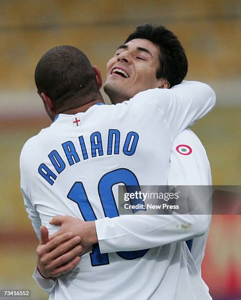 Julio Cruz of Inter Milan celebrates his goal with team mate Adriano during the Serie A match between Catania v Inter Milan at the Angelo Massimino...