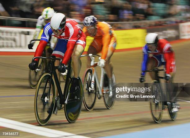 Chris Hoy of Great Britain crosses the line to win the Men's International Keirin during the UCI Track Cycling World Cup Classic at the Manchester...