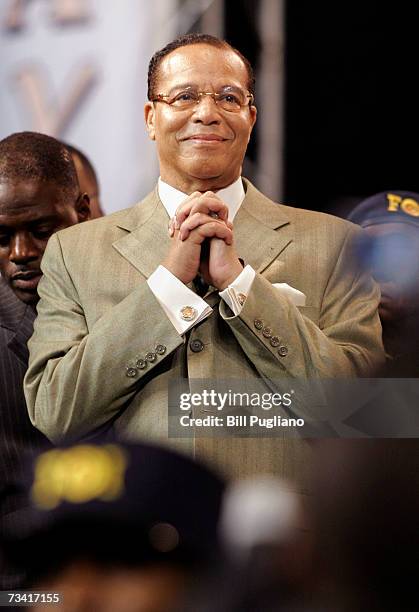 Nation of Islam leader Louis Farrakhan listens to the applause of the crowd before delivering the keynote address at the Nation of Islam's Saviour's...