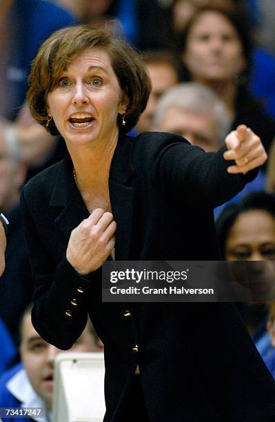 Coach Gail Goestenkors of the Duke Blue Devils calls instructions against the North Carolina Tar Heels on February 25, 2007 at Cameron Indoor Stadium...