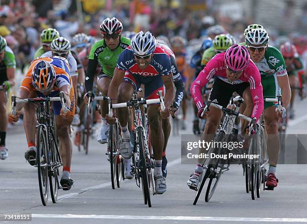 Ivan Dominguez of Cuba, riding for Toyata-United Pro Cycling Team, sprints to the finish to win the Stage 7 Circuit Race of the AMGEN Tour of...