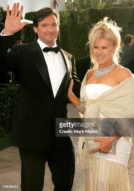 Actor Hugh Jackman and his wife Deborra-Lee Furess arrive at the 2007 Vanity Fair Oscar Party at Mortons on February 25, 2007 in West Hollywood,...