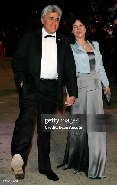 Late night talk show host Jay Leno and his wife, Mavis Nicholson arrive at the 2007 Vanity Fair Oscar Party at Mortons on February 25, 2007 in West...