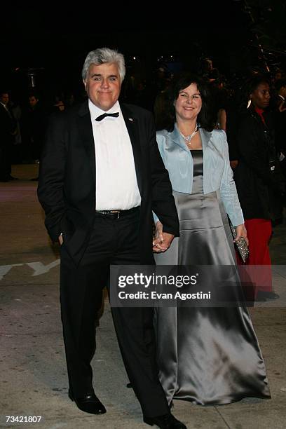 Television talk show host Jay Leno and wife Mavis Nicholson arrive at the 2007 Vanity Fair Oscar Party at Mortons on February 25, 2007 in West...