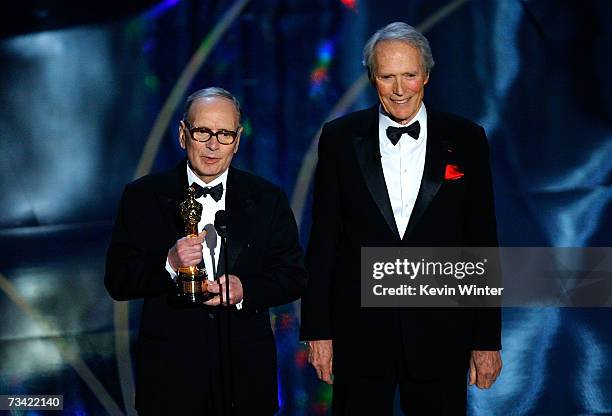 Ennio Morricone receives Honorary Academy Award from presenter Clint Eastwood during the 79th Annual Academy Awards at the Kodak Theatre on February...