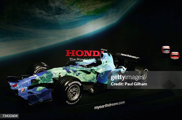 View of the new Honda RA107 car during the Launch of the Honda RA107 F1 Challenger for the forthcoming 2007 Formula One Season at The Natural History...