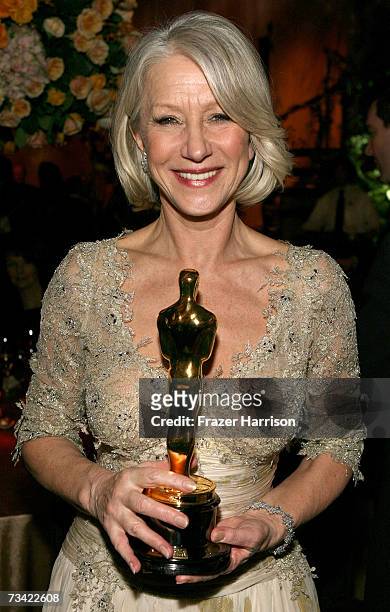 Actress Helen Mirren with her academy award for Best Leading Actress for "The Queen" attends the Governor's Ball after the 79th Annual Academy Awards...