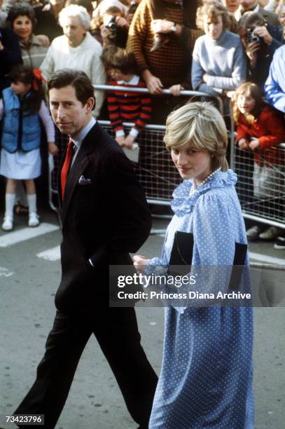 Pregnant Princess of Wales visits St Mary's on the Isles of Scilly with the Prince of Wales, April 1982. She is wearing a maternity dress by...