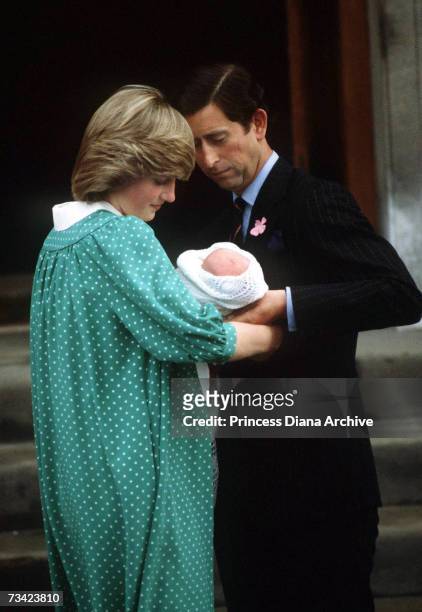 The Prince and Princess of Wales with their newborn son Prince William on the steps of St Mary's Hospital, London, June 1982.