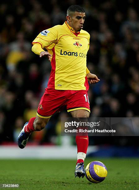 Hameur Bouazza of Watford runs with the ball during the Barclays Premiership match between Watford and Everton at Vicarage Road on February 24, 2007...