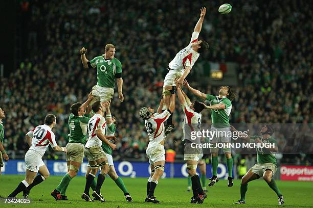 England's forwards fail to claim the ball from a line-out during the 6 Nations Rugby union game between Ireland and England at Croke Park stadium, 24...