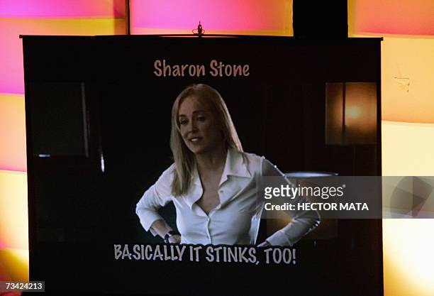 Hollywood, UNITED STATES: A clip of the winner for "Worst Actress", actress Sharon Stone in the movie "Basic Instict 2" announced as "Basically it...
