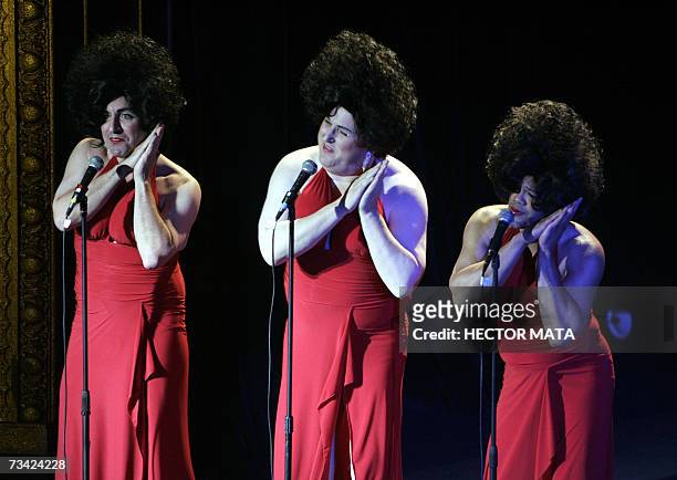 Hollywood, UNITED STATES: Performers Dan E Campbell , Chip Dornell and Glen Simon perform the opening number during the Razzie Awards in Hollywood,...