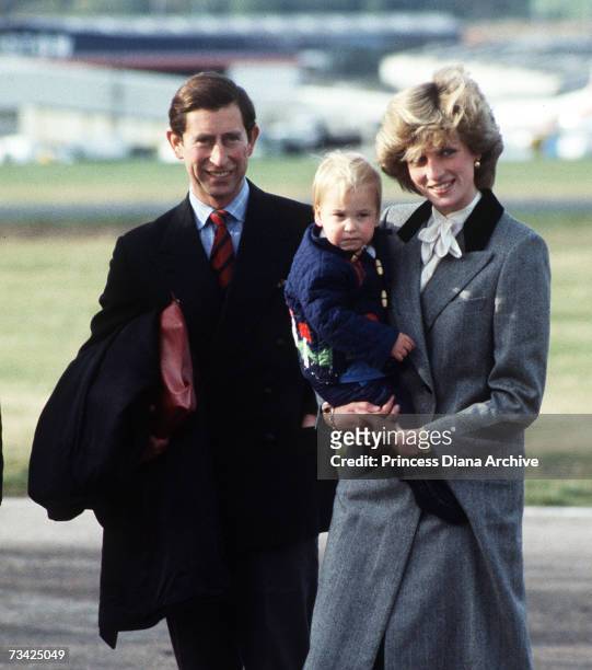 Princess Diana with Prince Charles and their son Prince William leaving Aberdeen Airport after a holiday at Balmoral, Scotland, October 1983.