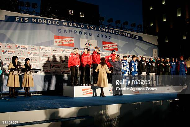 Austria take Gold, Norway take Silver and Japan takes the Bronze Medal during the FIS Nordic World Ski Championships Ski Jumping Team HS 134 event...