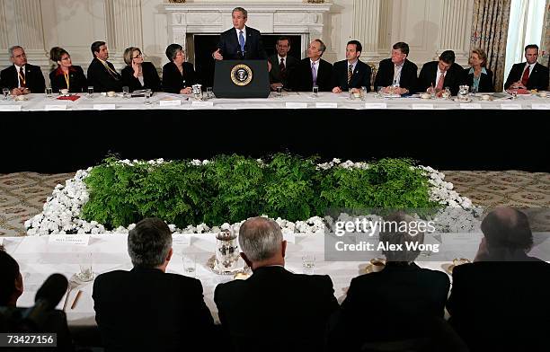 President George W. Bush speaks as America Samoa Gov. Togiola Tulafono, Alaska Gov. Sarah Palin, Alabama Gov. Bob Riley, Secretary of Education...