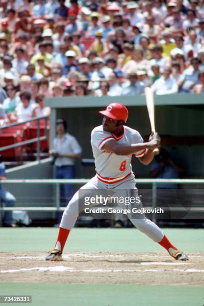 Second baseman Joe Morgan of the Cincinnati Reds bats against the Pittsburgh Pirates at Three Rivers Stadium in June 1978 in Pittsburgh,...