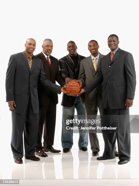 Sprite Slam Dunk Competition judges Vince Carter, Julius Erving, Michael Jordan, Kobe Bryant and Dominique Wilkins pose for a portrait on NBA All...
