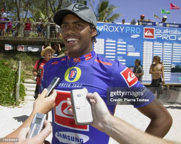 Dale Richards of Tweed Heads, speaks to the media after winning the Quiksilver Pro Trials at Snapper Rocks, Coolangatta February 25, 2007 on the Gold...