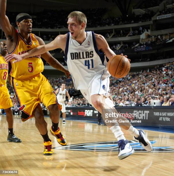 Dirk Nowitzki of the Dallas Mavericks drives the ball against the Atlanta Hawks on February 26, 2007 at the American Airlines Center in Dallas,...