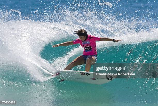 Rebecca Woods of Australia competes in her opening round one heat at the Roxy Pro at Snapper Rocks on the Gold Coast February 27, 2007 at...