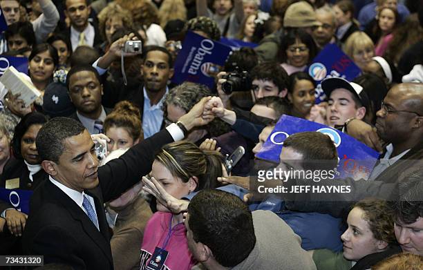 Highland Hills, UNITED STATES: Democratic presidential hopeful Senator Barack Obama, D-IL, greets supporters during a rally 26 February 2007 at the...
