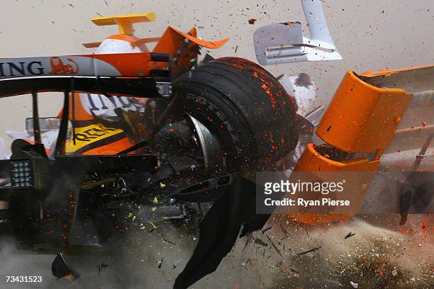 Heikki Kovalainen of Finland and the Renault Team crashes during Formula One testing at the Bahrain International Circuit on February 27, 2007 in...