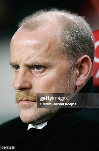 Head coahc Thomas Schaaf of Bremen looks on during the UEFA Cup round of 32 second leg match between Ajax Amsterdam and Werder Bremen at the...